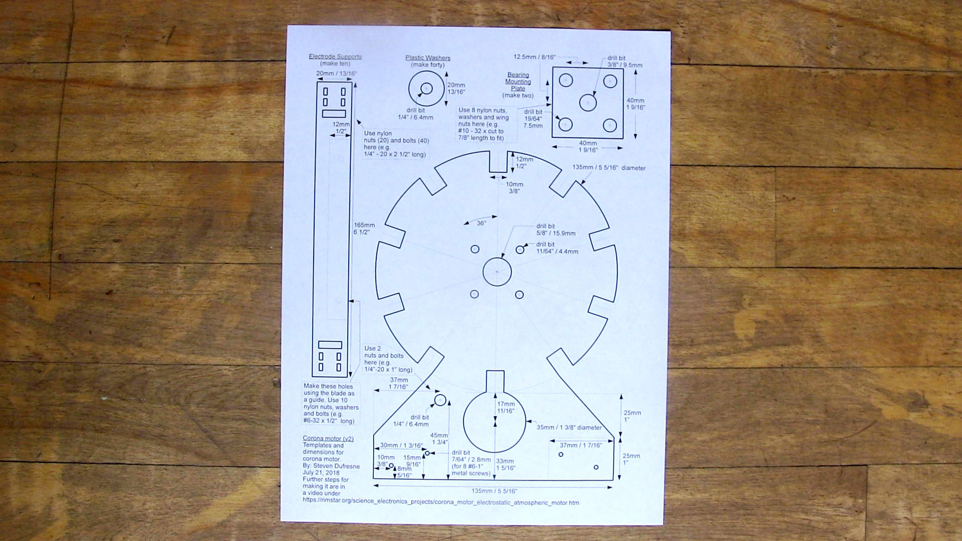The corona motor template sheet of paper before cutting it out.