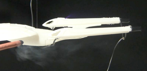 Showing Star Trek Enterprise model ion propulsion airflow using smoke.
