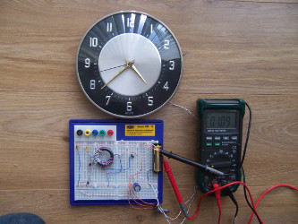 Joule thief circuit powering a clock.
