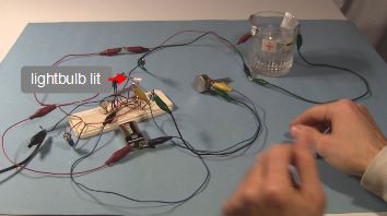 Simple capacitor in a circuit making a lightbulb flash.