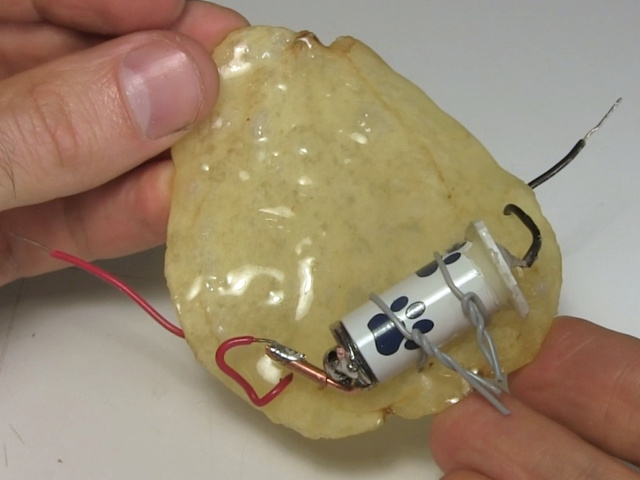 The battery case in place on the potato chip.