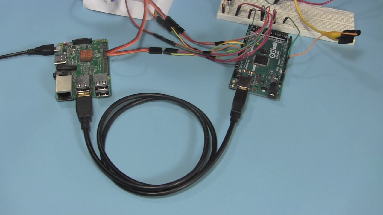 A Raspberry Pi connected to an Arduino Mega 2560 using a serial USB cable.