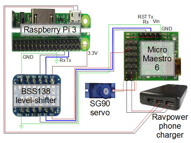 Circuit diagram for servo motor with Raspberry Pi and Maestro controller board.