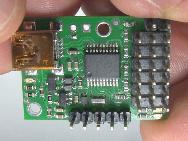 Micro Maestro, 6-channel servo controller board - top view.