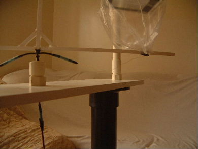 Poynting flow thruster plastic bag test with paper deflectors
      and with bottom wire drooping down to the testrig's base.