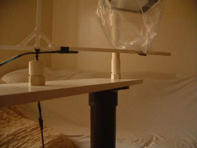 Poynting flow thruster plastic bag test with paper deflectors
      after lifting bottom wire away from the testrig's base.